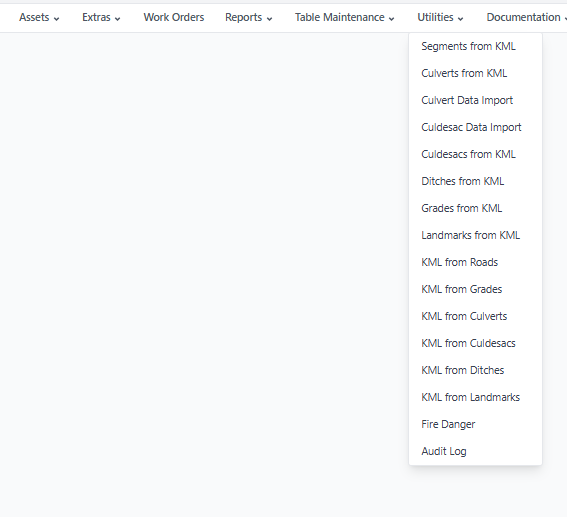 GROOM navigation — Utilities section with KML import and export tools for Google Earth integration